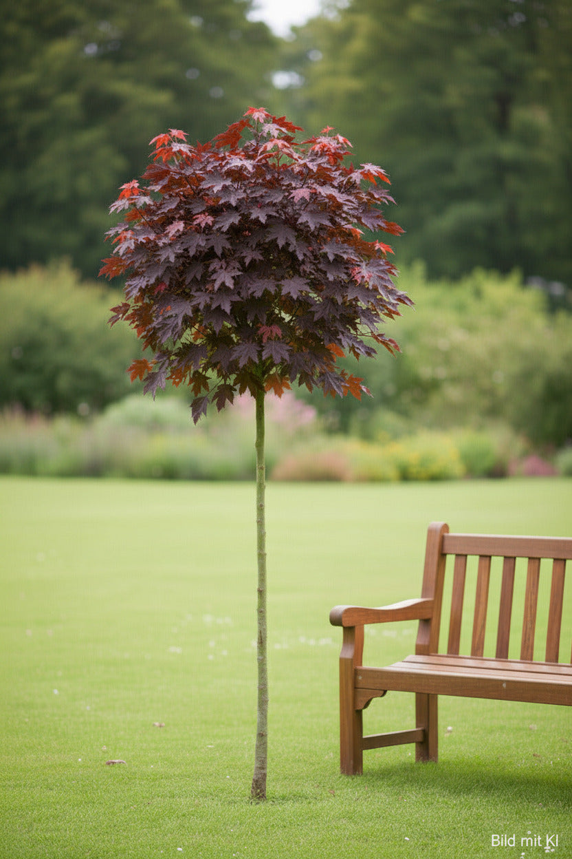Blutahorn Hochstamm 'Crimson Sentry' – Rotblättriger Kugel-Ahorn Stämmchen winterhart – 180–190 cm – Acer platanoides