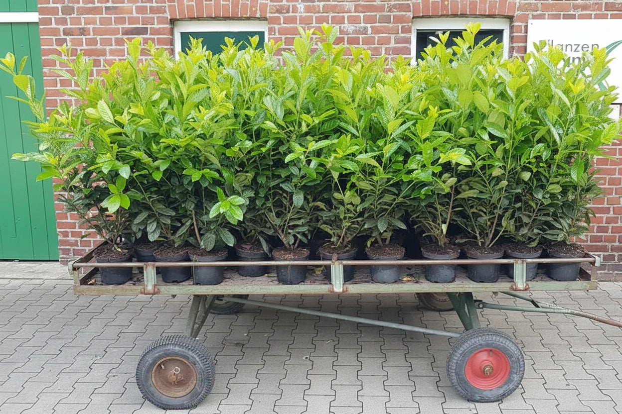Kirschlorbeer Pflanze, Prunus Novita, Pflanzenhöhe: 100-125 cm – Heckenpflanze immergrün und winterhart