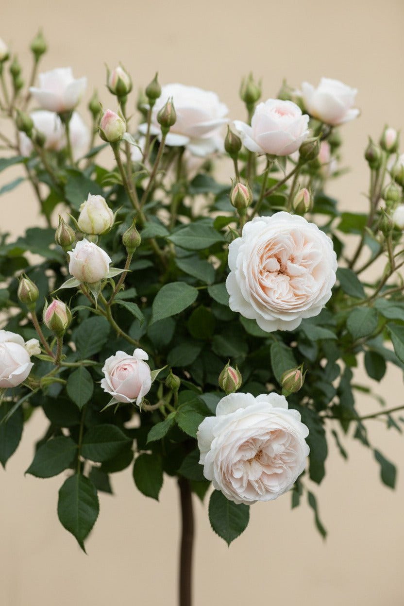 Rose 'Sweet Romanza'® Stämmchen 150–160 cm | Hochstamm - Stammhöhe 110 cm | Cremeweiß-Zartrosé blühend | Winterhart & romantisch duftend