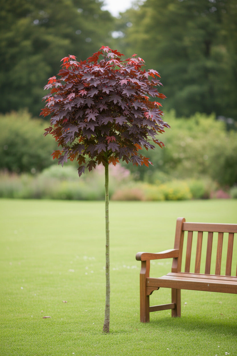 Blutahorn Hochstamm 'Crimson Sentry' – Rotblättriger Kugel-Ahorn Stämmchen winterhart – 180–190 cm – Acer platanoides