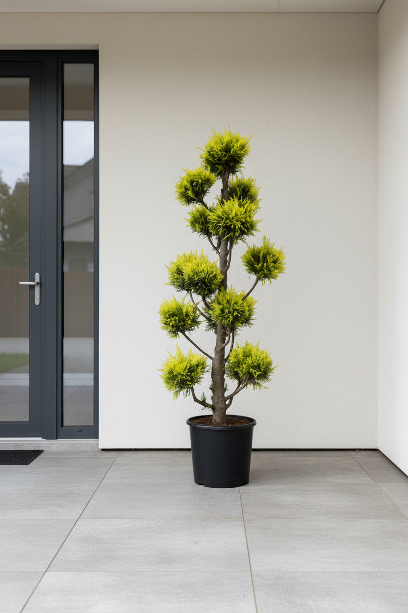 Chamaecyparis Gartenbonsai XXL – Immergrüne Formpflanze, goldende Scheinzypresse – Winterhart & schnittverträglich – 130–140 cm