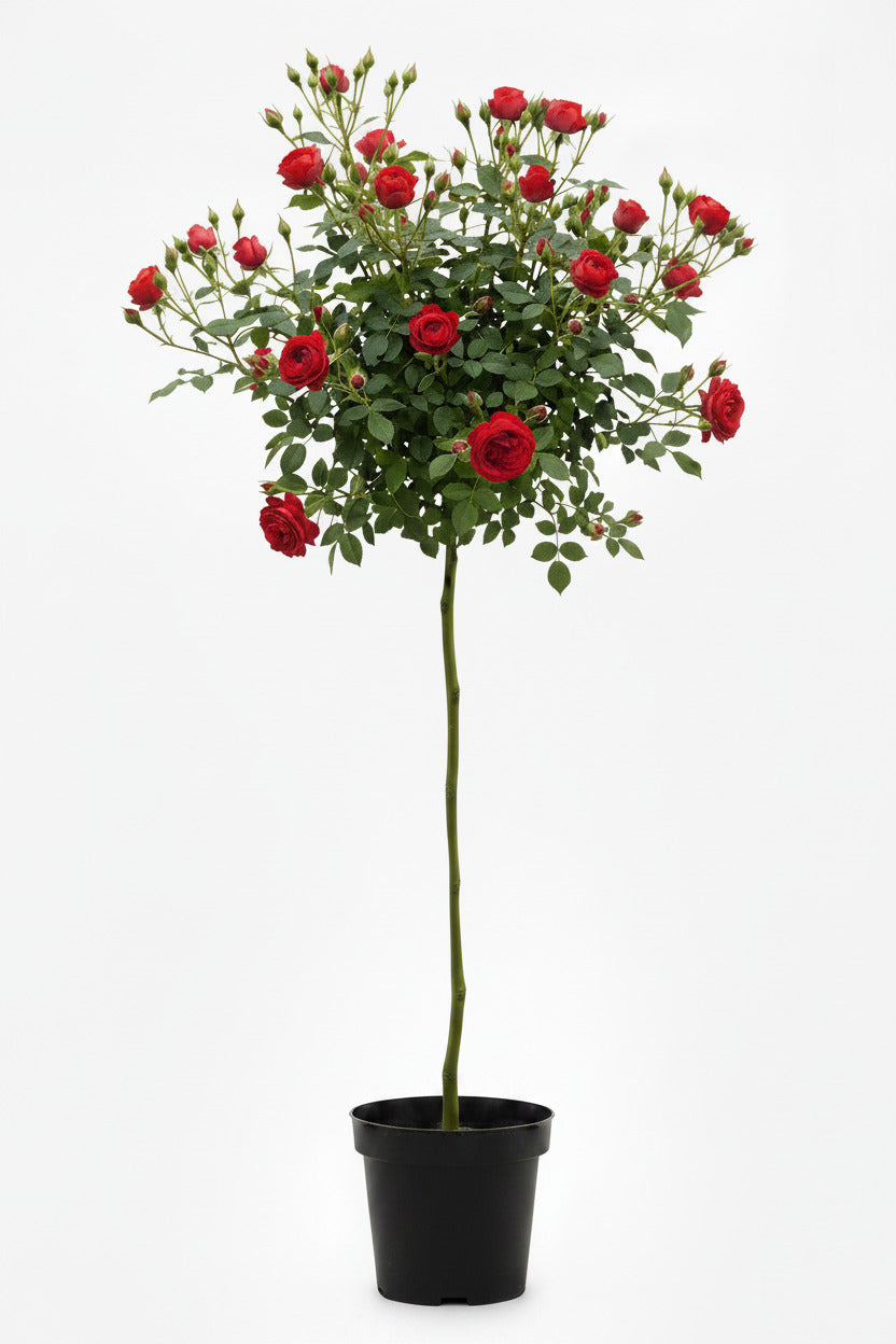 Rosa ‘Manora’ Hochstamm 170–180 cm | Stammhöhe 110 cm | Rot blühende Edelrose | Winterhart | Duftrose im Topf