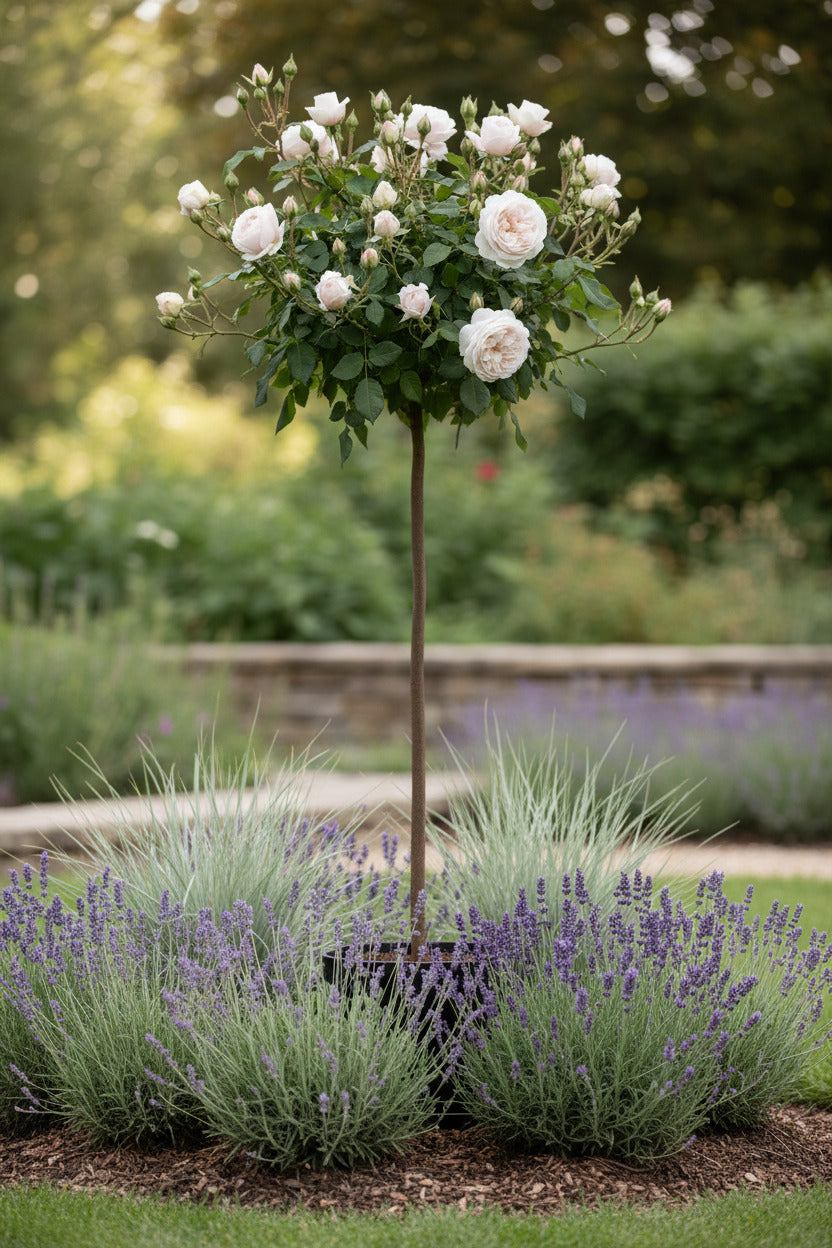 Rose 'Sweet Romanza' Hochstamm 170–180 cm | Stammhöhe 110 cm | Weiß blühende Duftrose | Winterhart | Edelrose im Topf