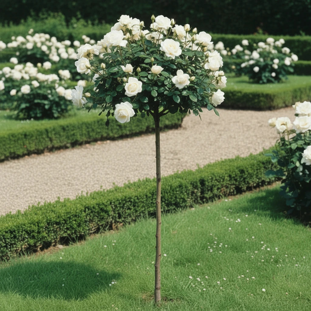 Rosa ‘Kristall’ Hochstamm 170–180 cm | Stammhöhe 110 cm | Weiß blühende Duftrose | Winterhart | Edelrose im Topf