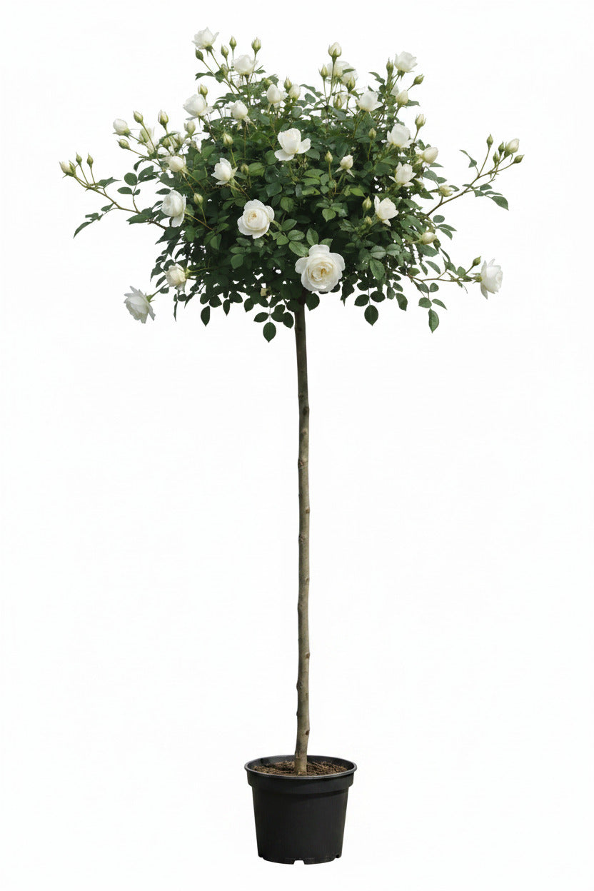Rosa ‘Kristall’ Hochstamm 170–180 cm | Stammhöhe 110 cm | Weiß blühende Duftrose | Winterhart | Edelrose im Topf